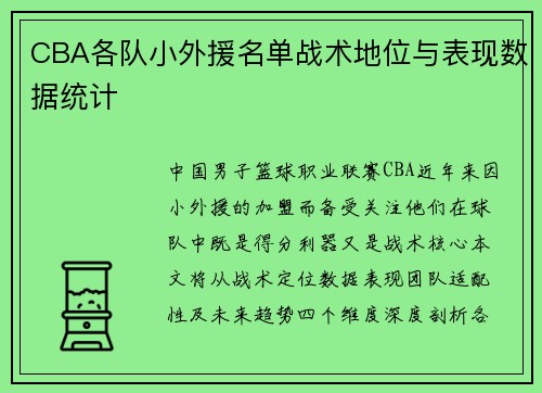CBA各队小外援名单战术地位与表现数据统计